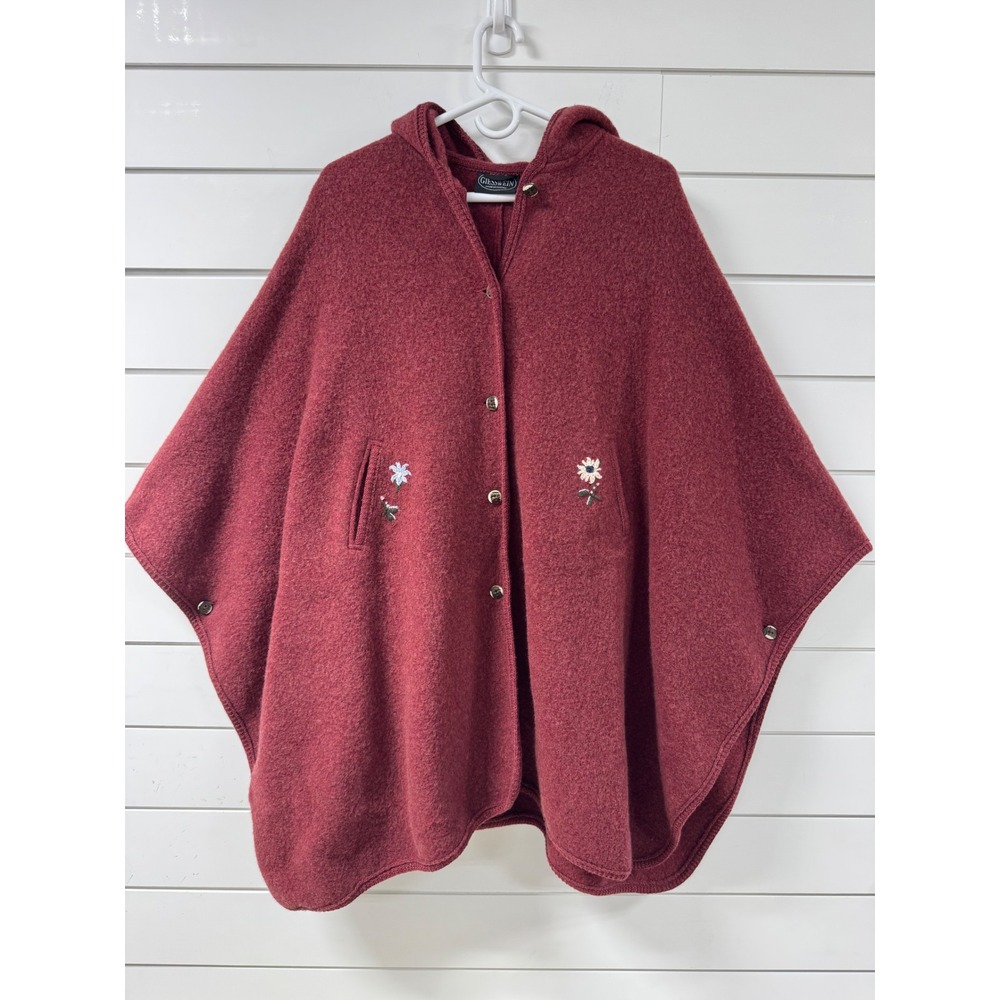 Giesswein Austria Boiled Wool Hooded Poncho Burgundy Red Embroidered Floral Cape